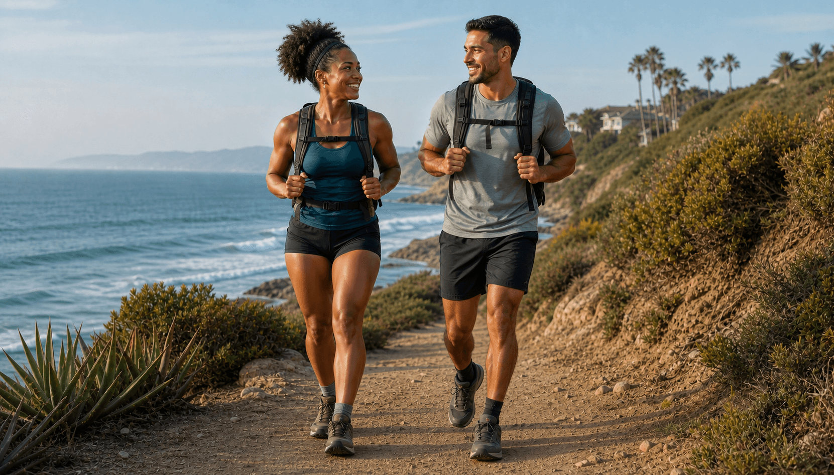 Athletic Black woman and Latino man hiking together on a coastal trail